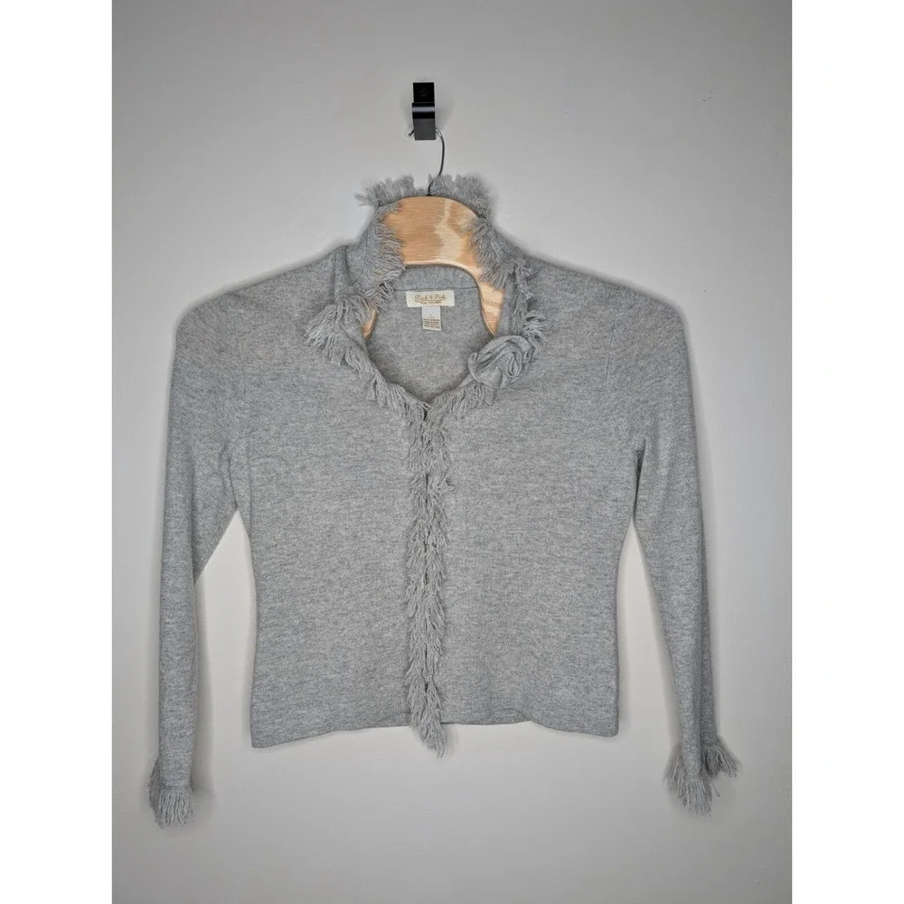 Peck & Peck  100% Pure Cashmere Cardigan Sweater Women's Large Fringe 2 Ply Gray - Picture 2 of 10